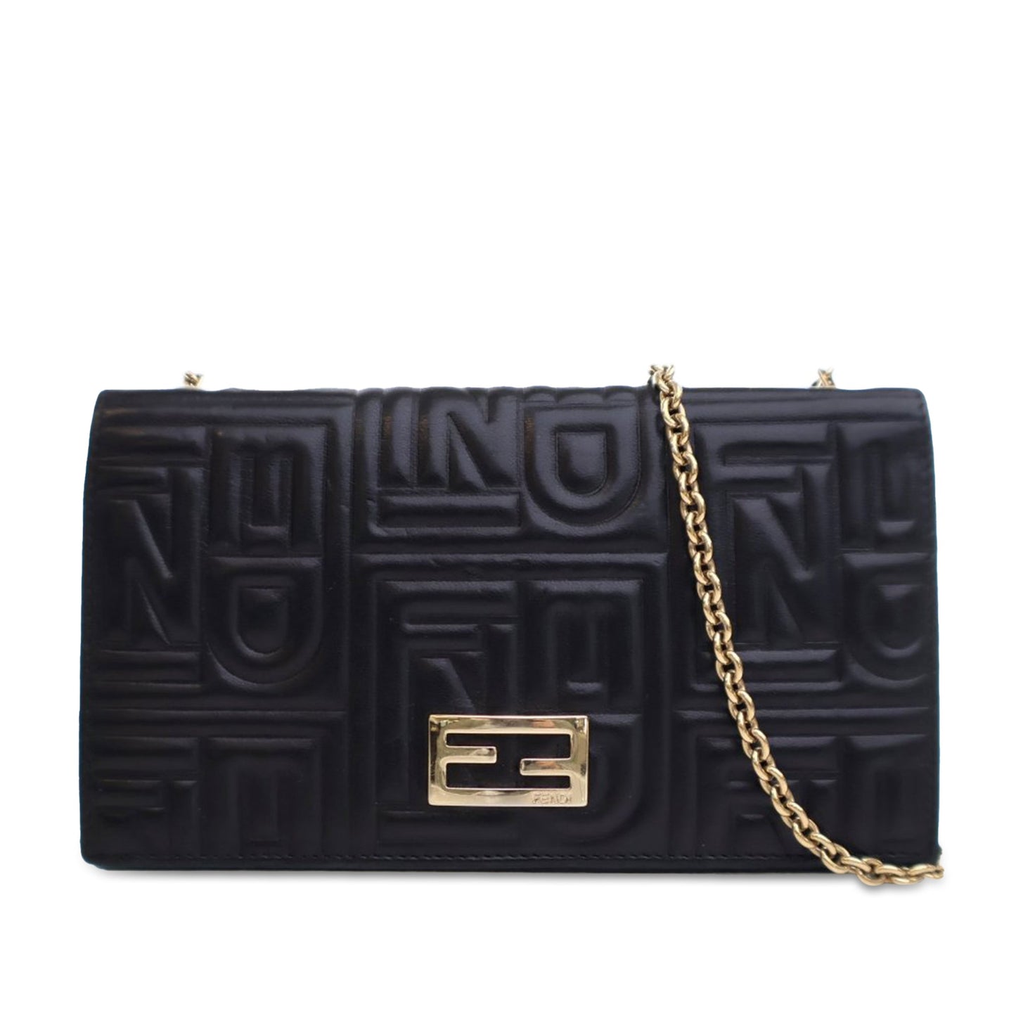 Black Fendi Calfskin Baguette Continental Wallet On Chain Crossbody Bag