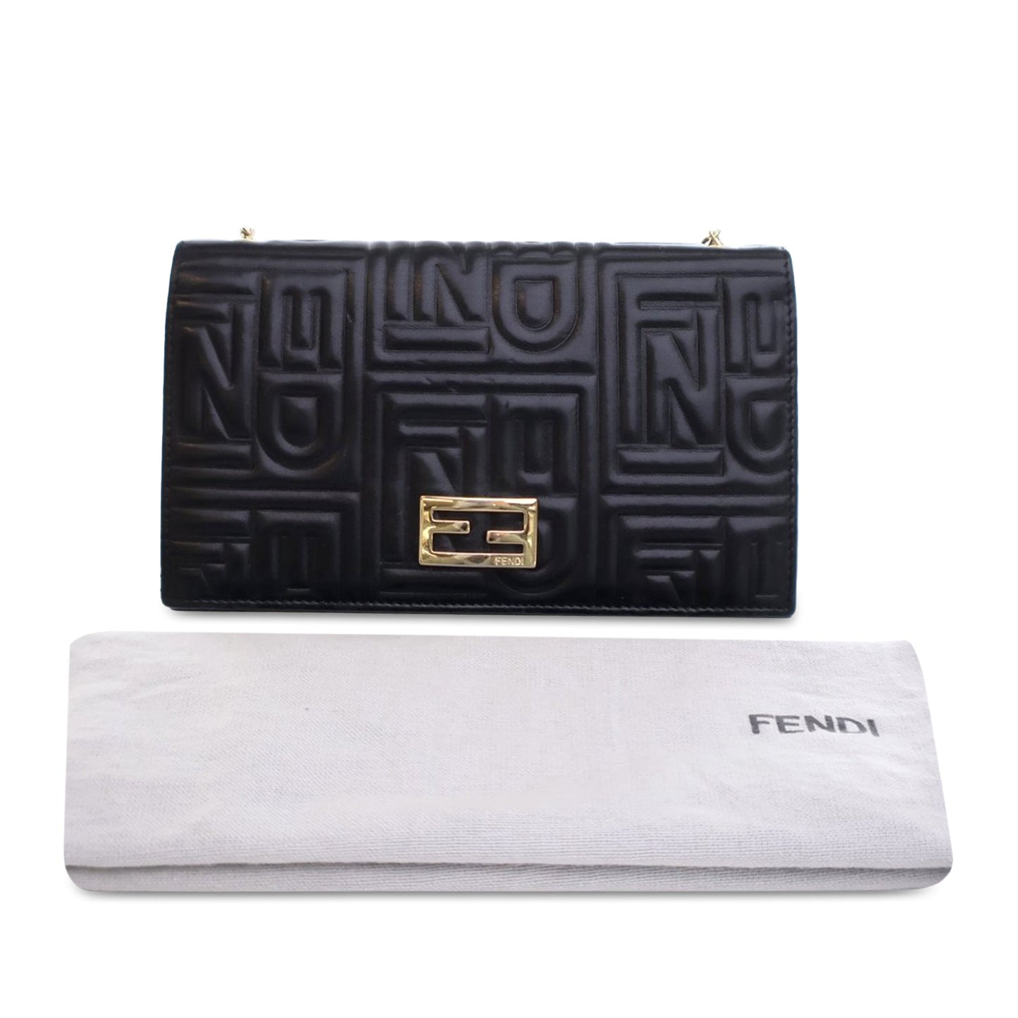 Black Fendi Calfskin Baguette Continental Wallet On Chain Crossbody Bag