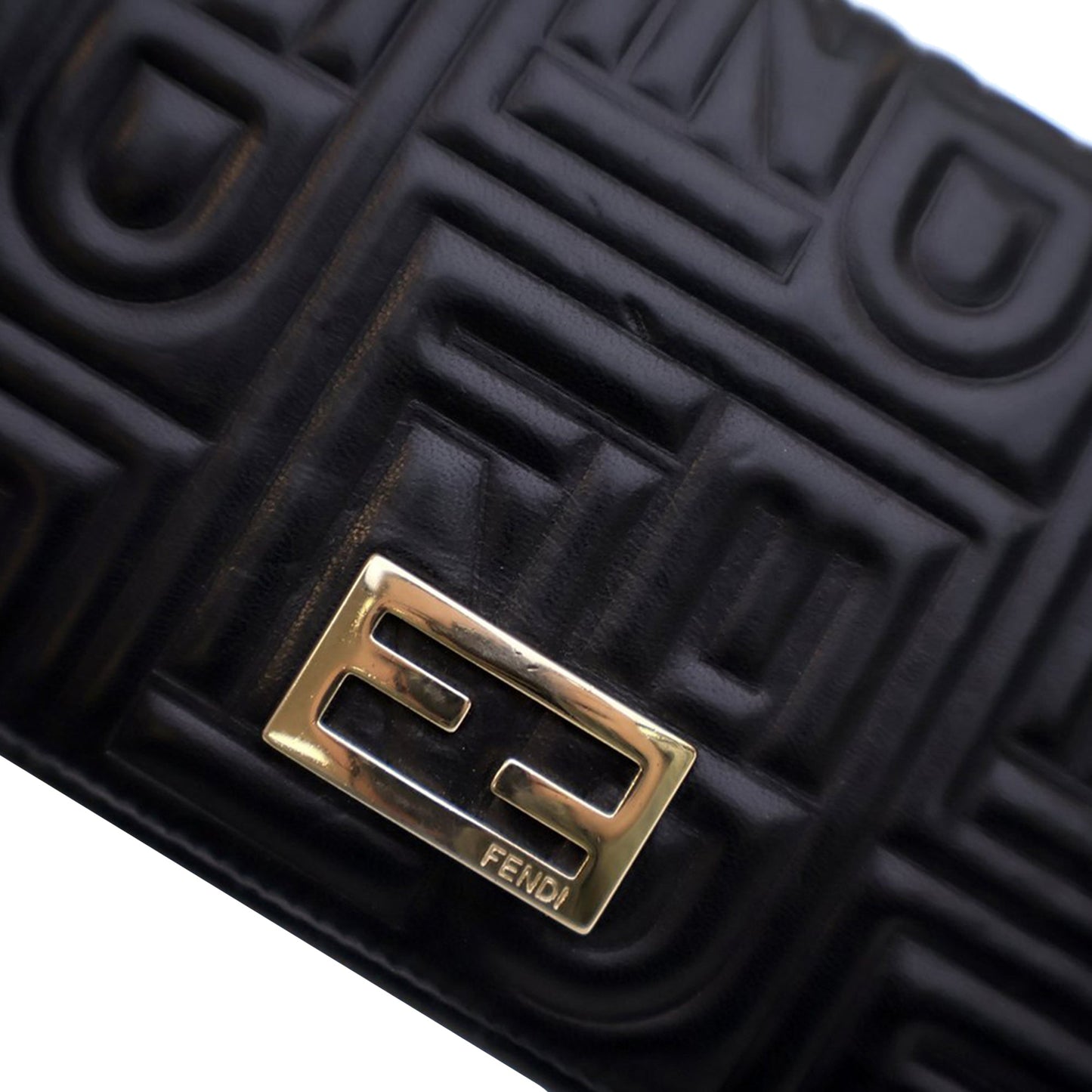 Black Fendi Calfskin Baguette Continental Wallet On Chain Crossbody Bag