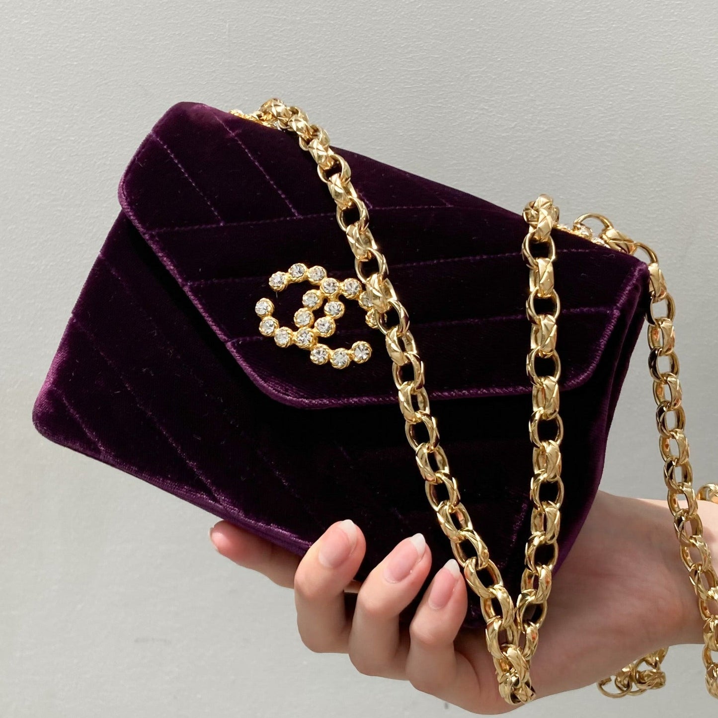 CHANEL Purple Velvet Rhinestone CC Diagonal Letter Flap Bag