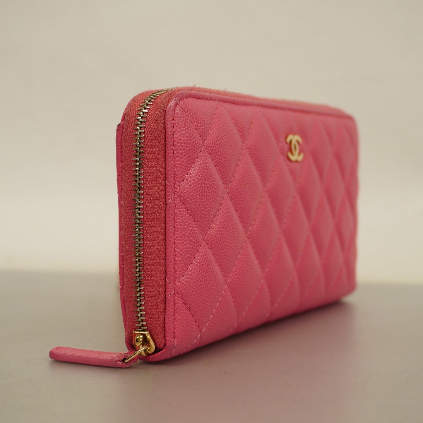 CHANEL Matelasse Gold Hardware Women's Caviar Leather Long Wallet Pink