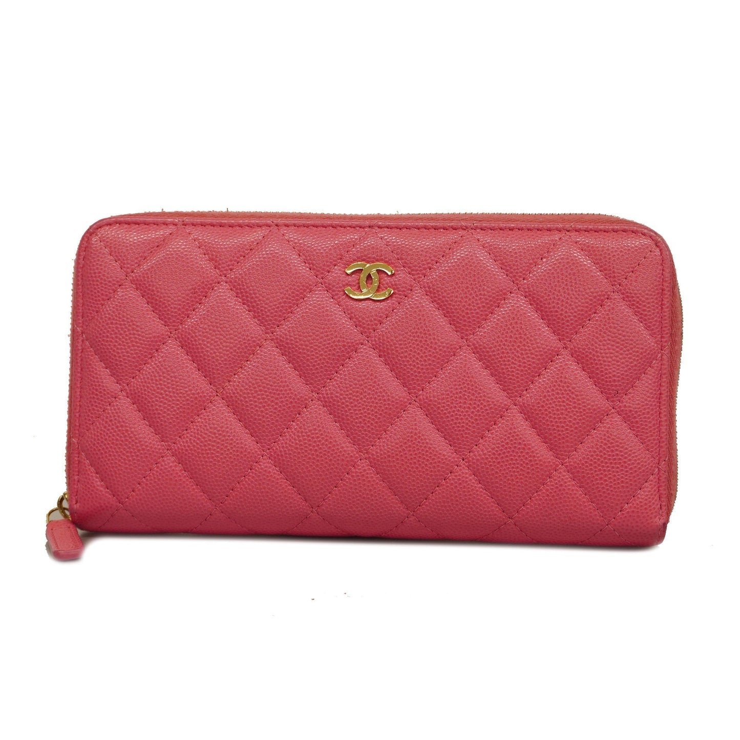 CHANEL Matelasse Gold Hardware Women's Caviar Leather Long Wallet Pink