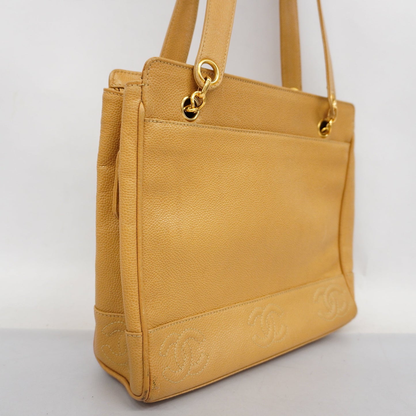 CHANEL Triple Coco Women's Caviar Leather Shoulder Bag Beige