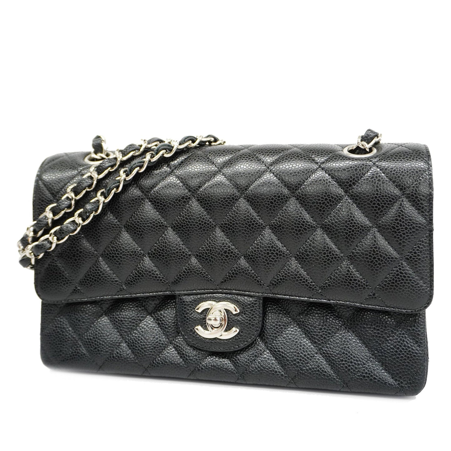 CHANEL Matelasse W Flap W Chain Women's Caviar Leather Shoulder Bag Black
