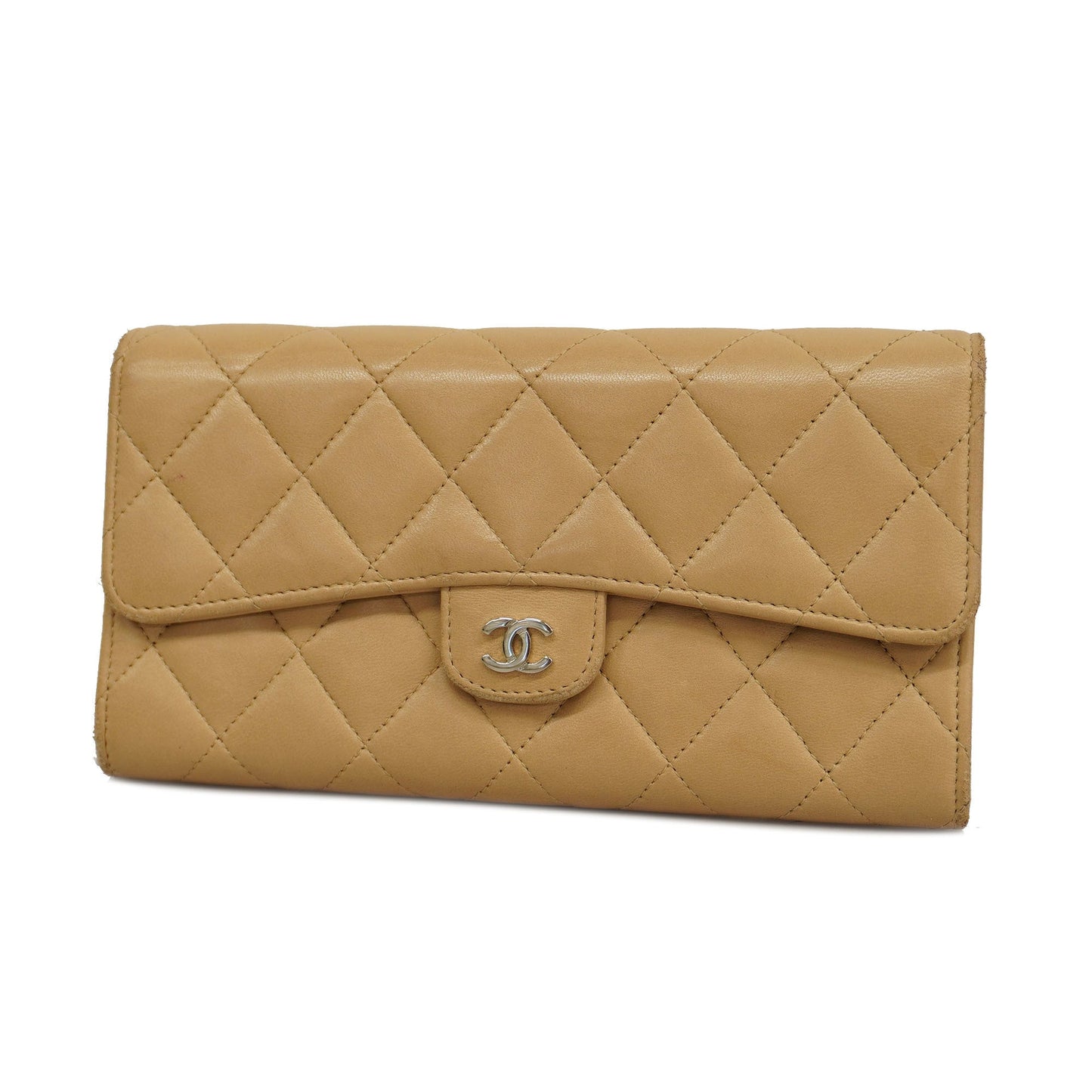 CHANEL Matelasse Silver Metal Fittings Women's Lambskin Wallet Beige