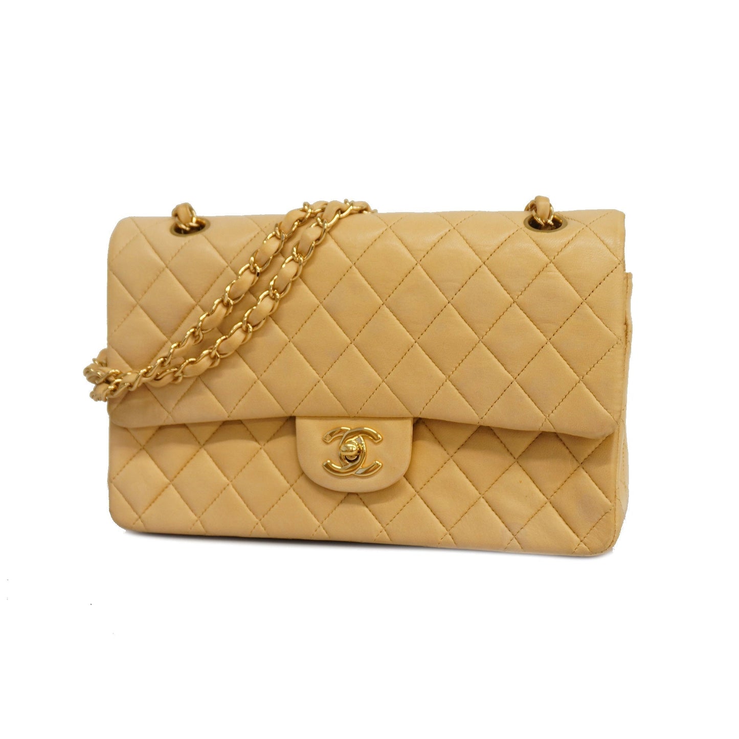 CHANEL Matelasse W Flap W Chain Lambskin Women's Leather Shoulder Bag Beige
