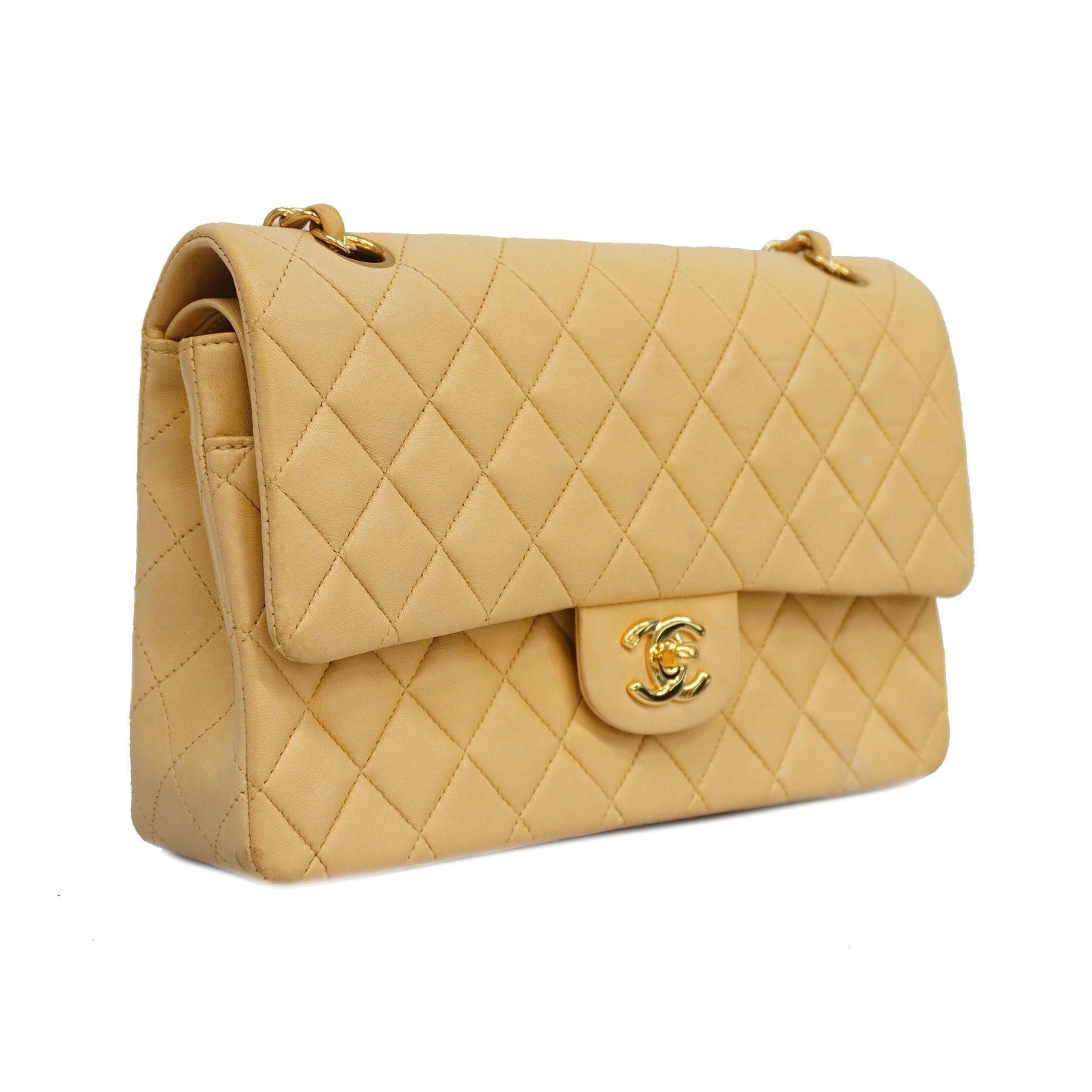 CHANEL Matelasse W Flap W Chain Lambskin Women's Leather Shoulder Bag Beige
