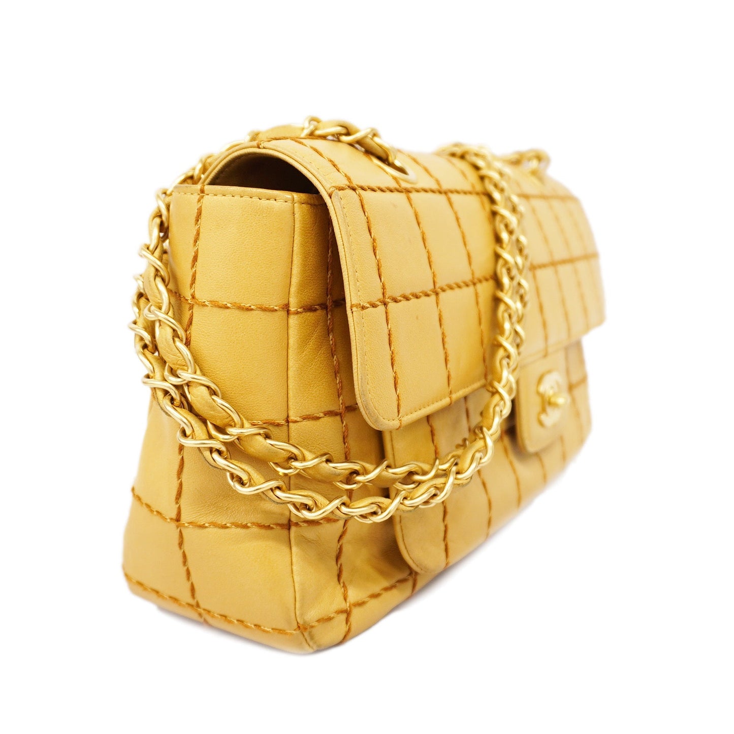 CHANEL Chocolate Bar Shoulder Bag Wild Stitch W Chain Women's Bag Beige
