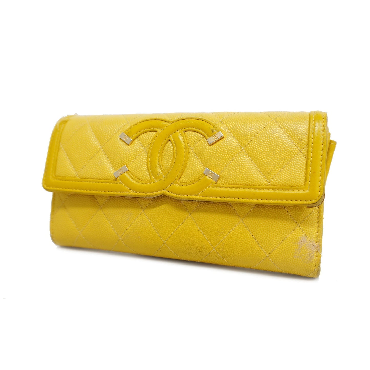 CHANEL CC Filigree Gold Hardware Women's Caviar Leather Long Wallet Yellow