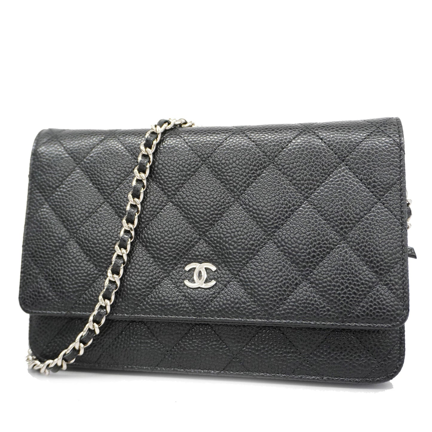 CHANEL Matelasse Silver Hardware Caviar Leather Chain/Shoulder Wallet Black