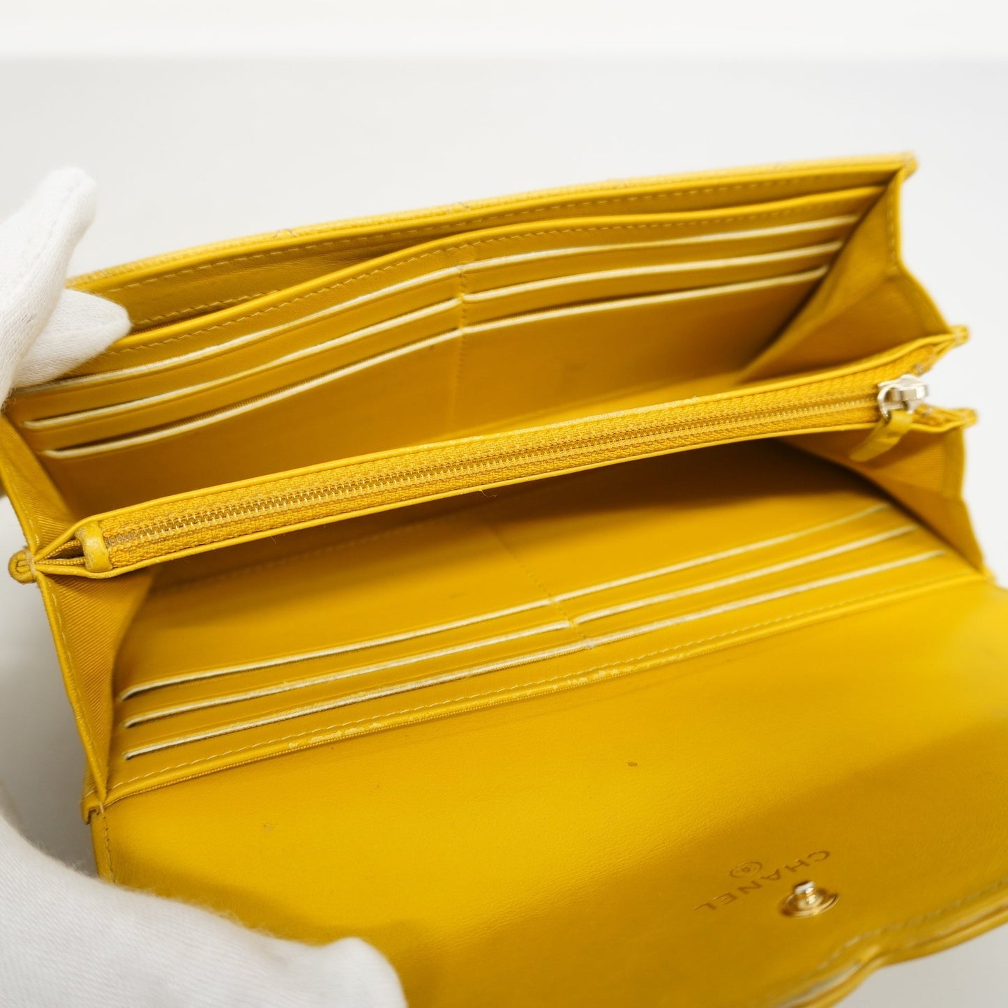 CHANEL CC Filigree Gold Hardware Women's Caviar Leather Long Wallet Yellow