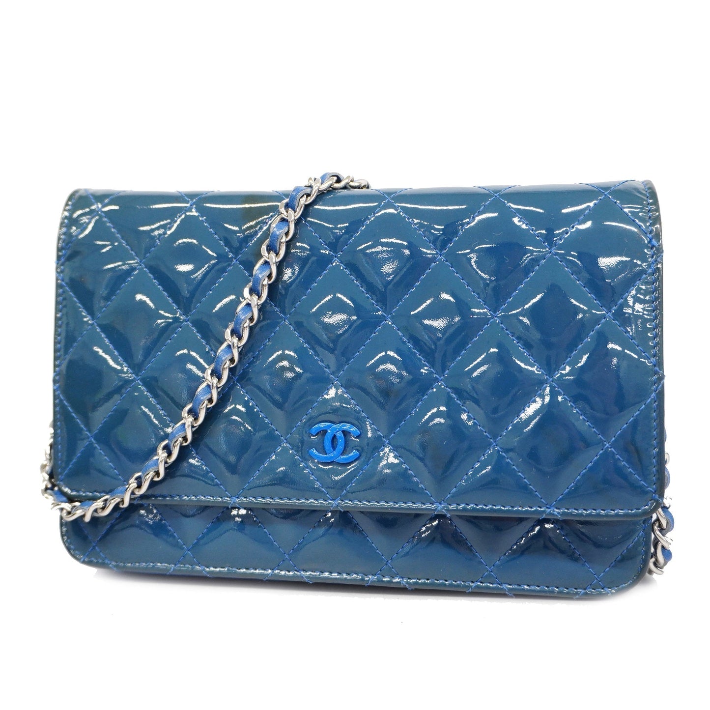 CHANEL Matelasse Chain Shoulder Silver Metal Fittings Women's Wallet Blue