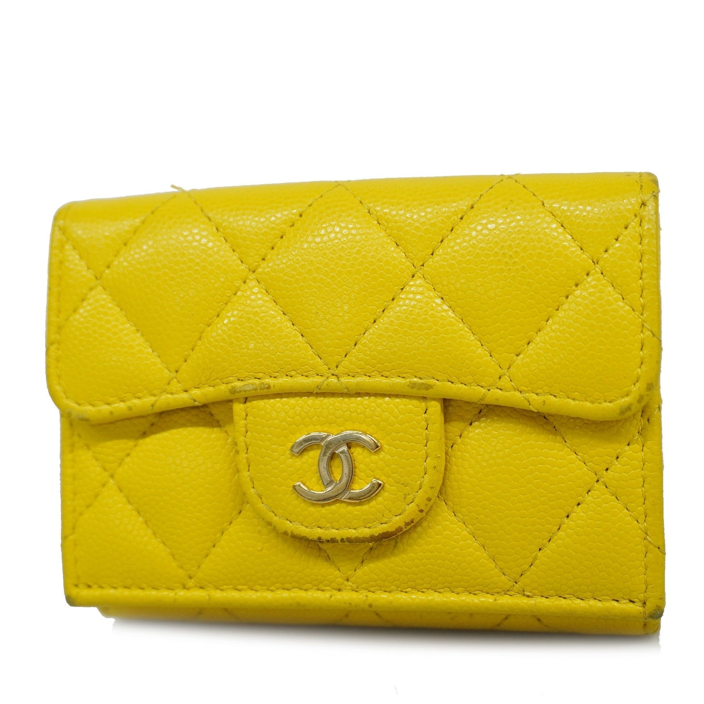 CHANEL Matelasse Tri-fold Wallet Gold Metal Fittings Women's Caviar Leather
