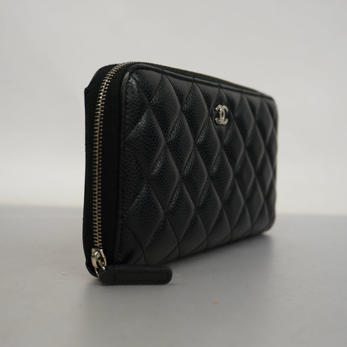 CHANEL Matelasse Silver Metal Fittings Women's Caviar Leather Long Wallet