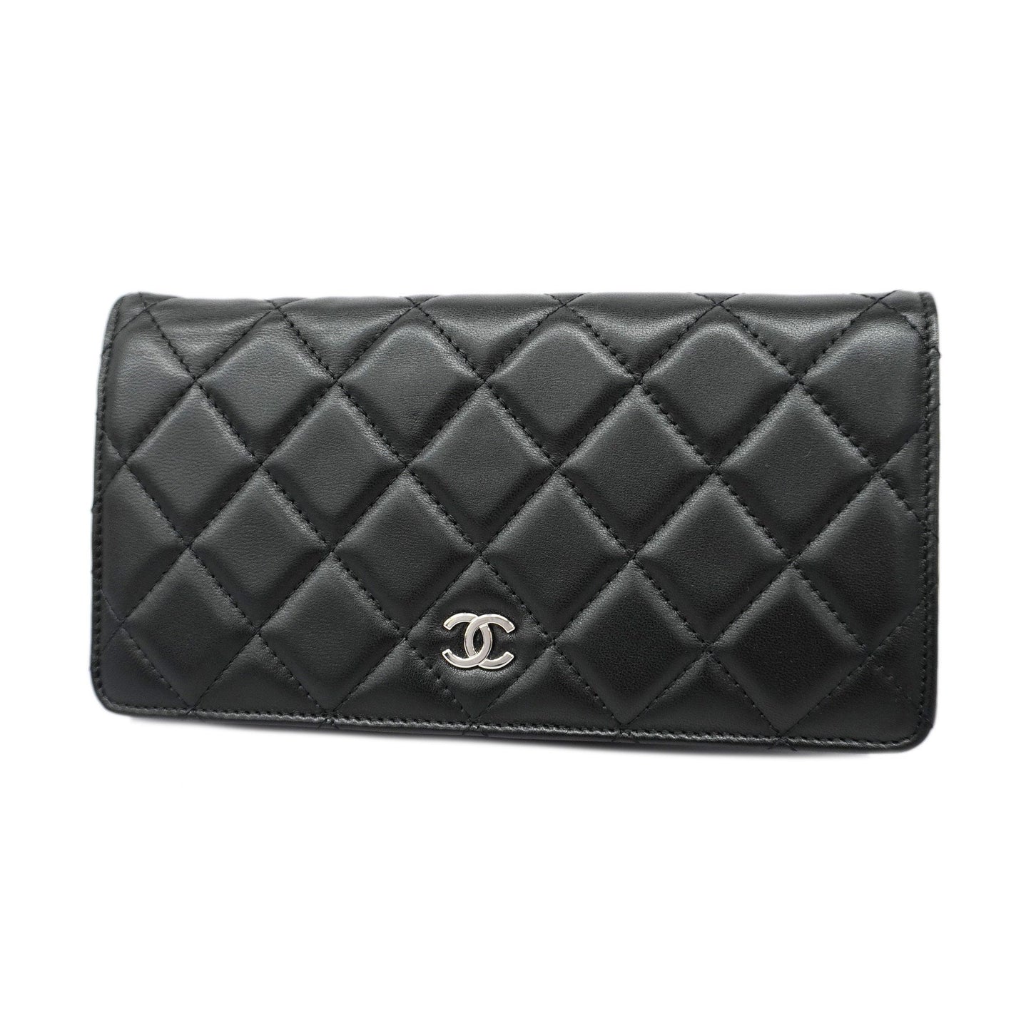 CHANEL Matelasse Silver Metal Fittings Women's Lambskin Long Wallet Black
