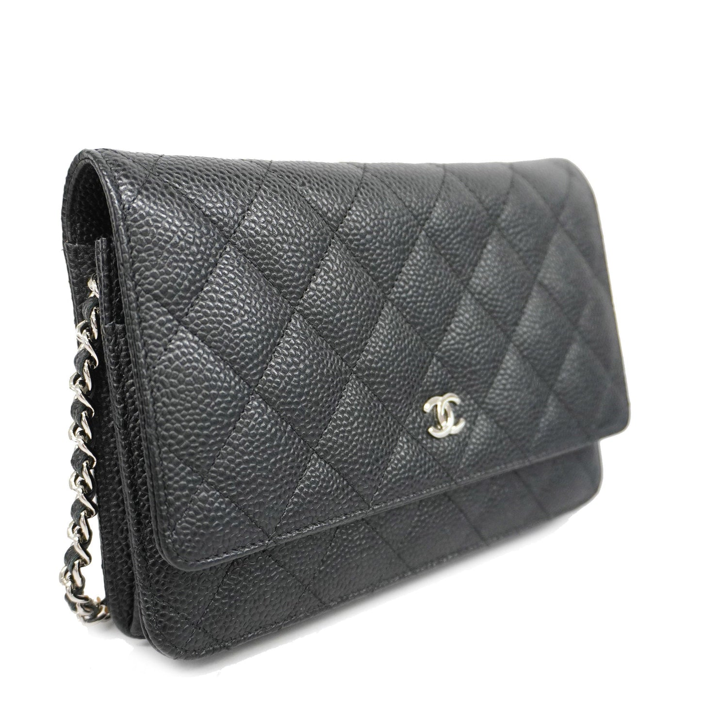 CHANEL Matelasse Silver Hardware Caviar Leather Chain/Shoulder Wallet Black
