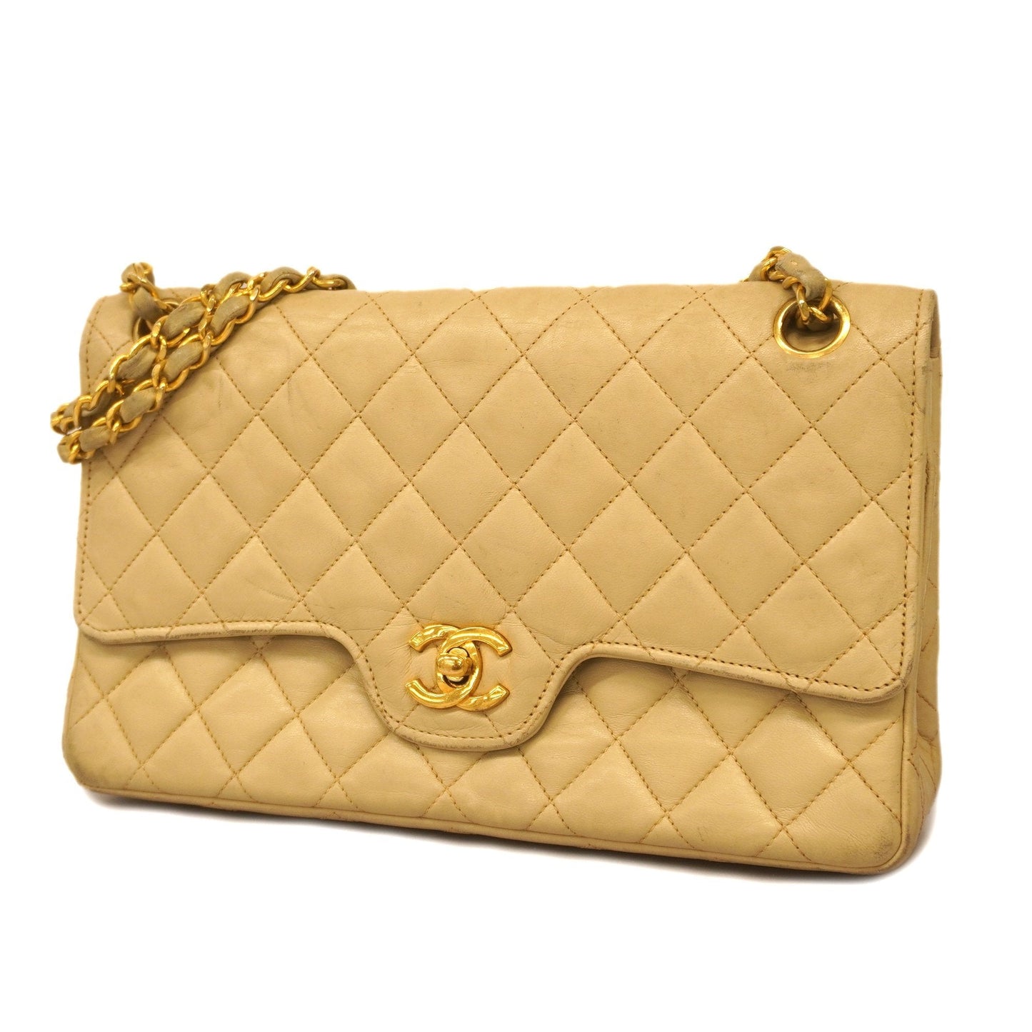 CHANEL Matelasse W Flap W Chain Women's Leather Shoulder Bag Beige