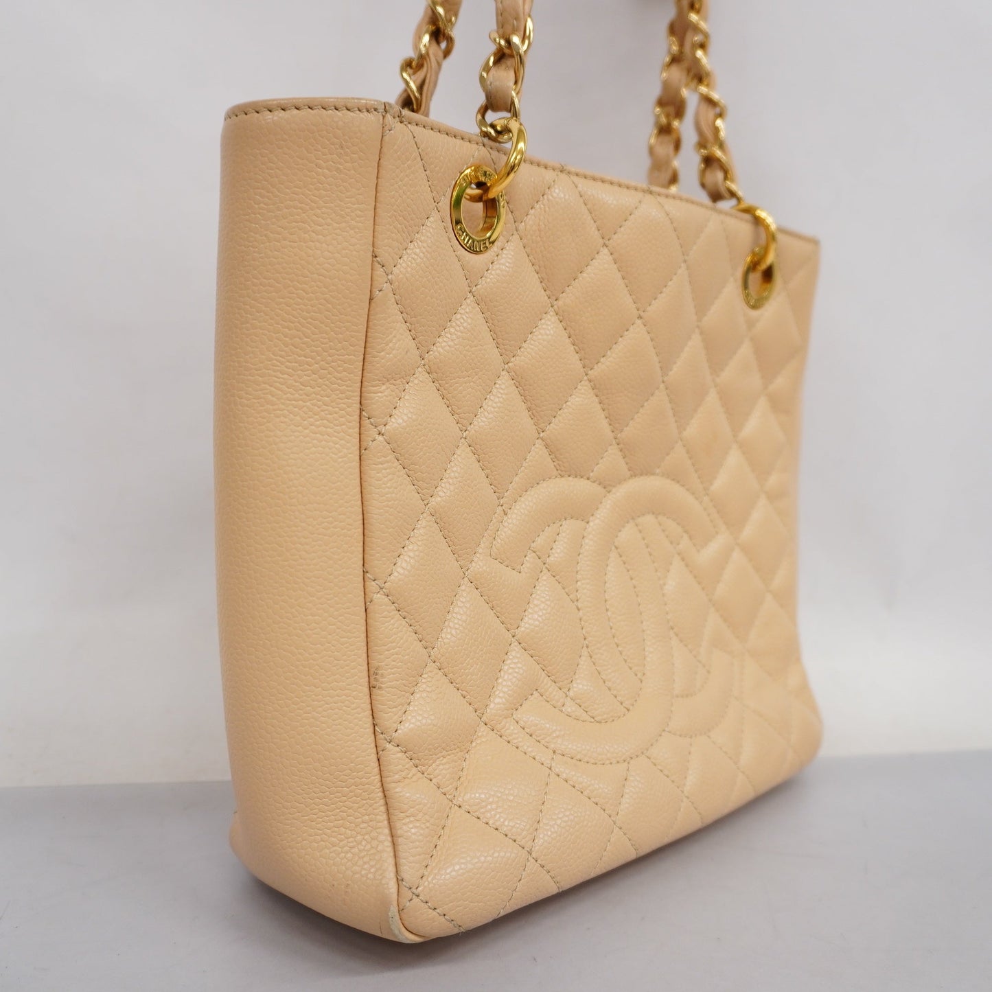 CHANEL Matelasse Chain Shoulder Women's Caviar Leather Tote Bag Beige