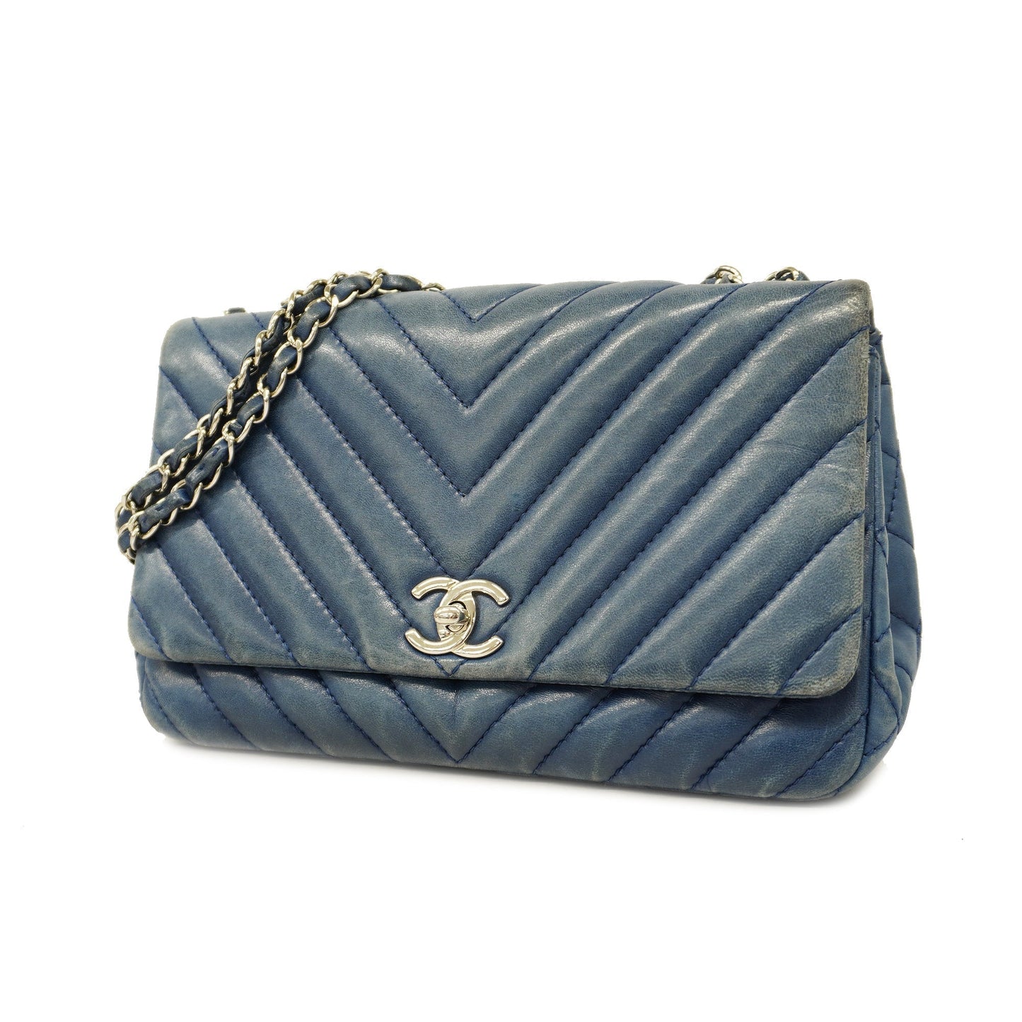 CHANEL V Stitch W Flap W Chain Women's Leather Shoulder Bag Blue
