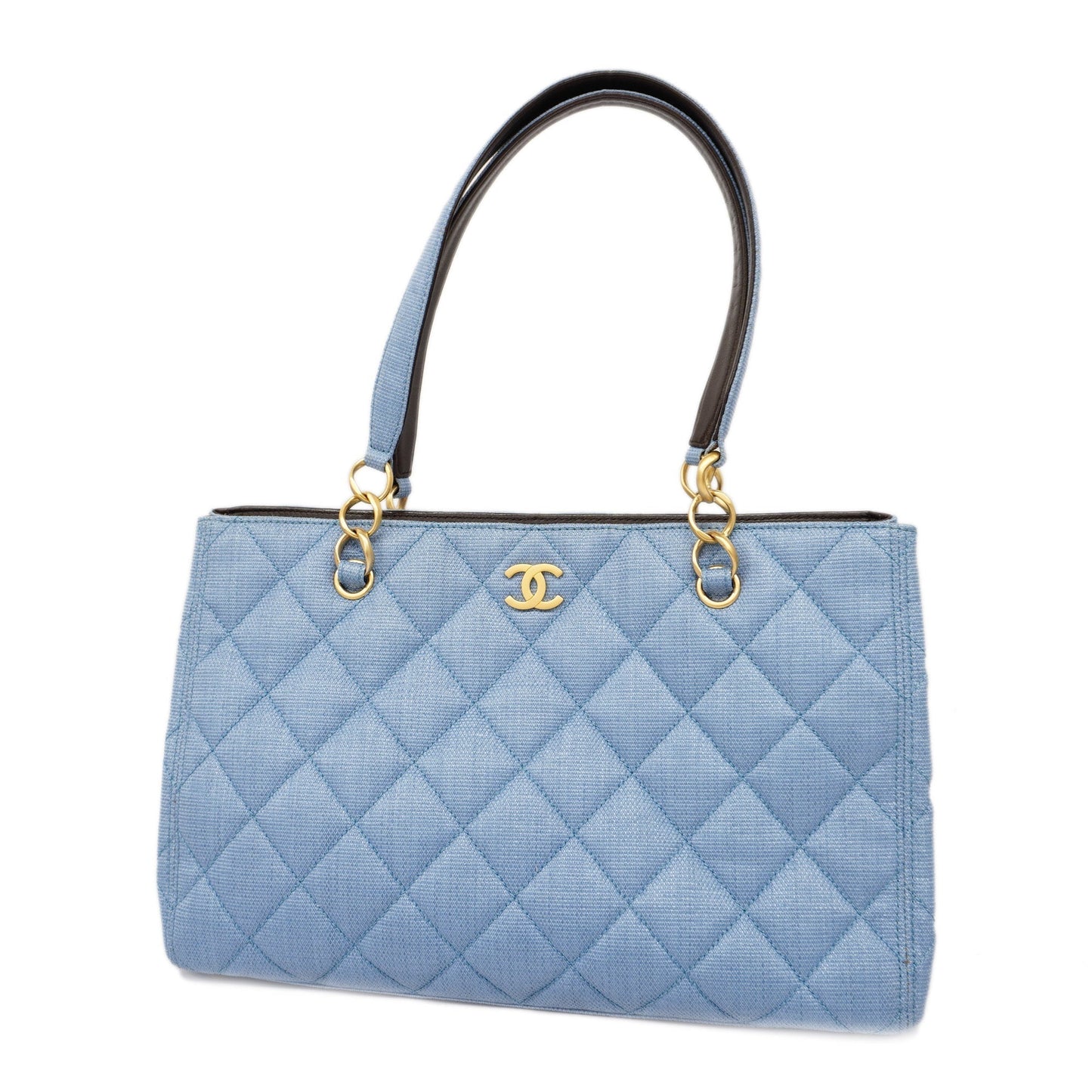 CHANEL Matelasse Natural Women's Straw Tote Bag Blue