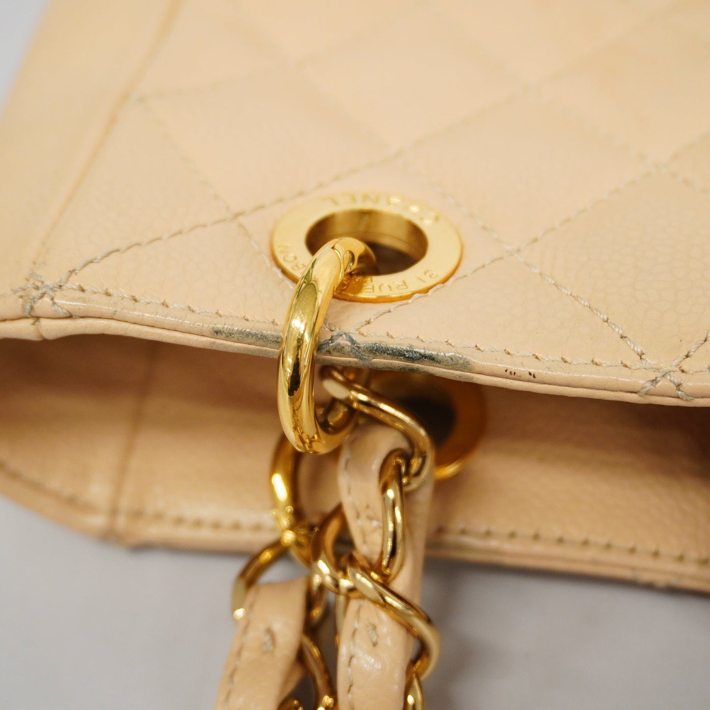 CHANEL Matelasse Chain Shoulder Women's Caviar Leather Tote Bag Beige