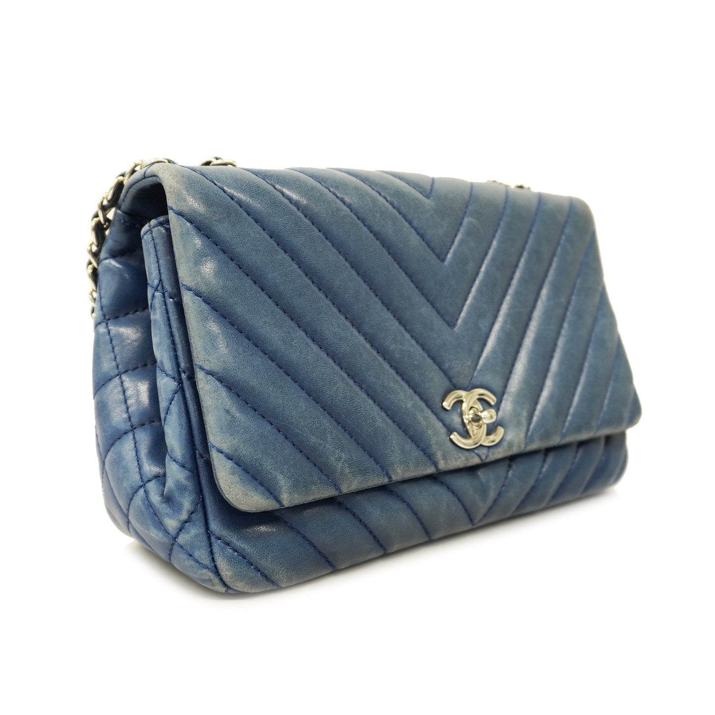 CHANEL V Stitch W Flap W Chain Women's Leather Shoulder Bag Blue