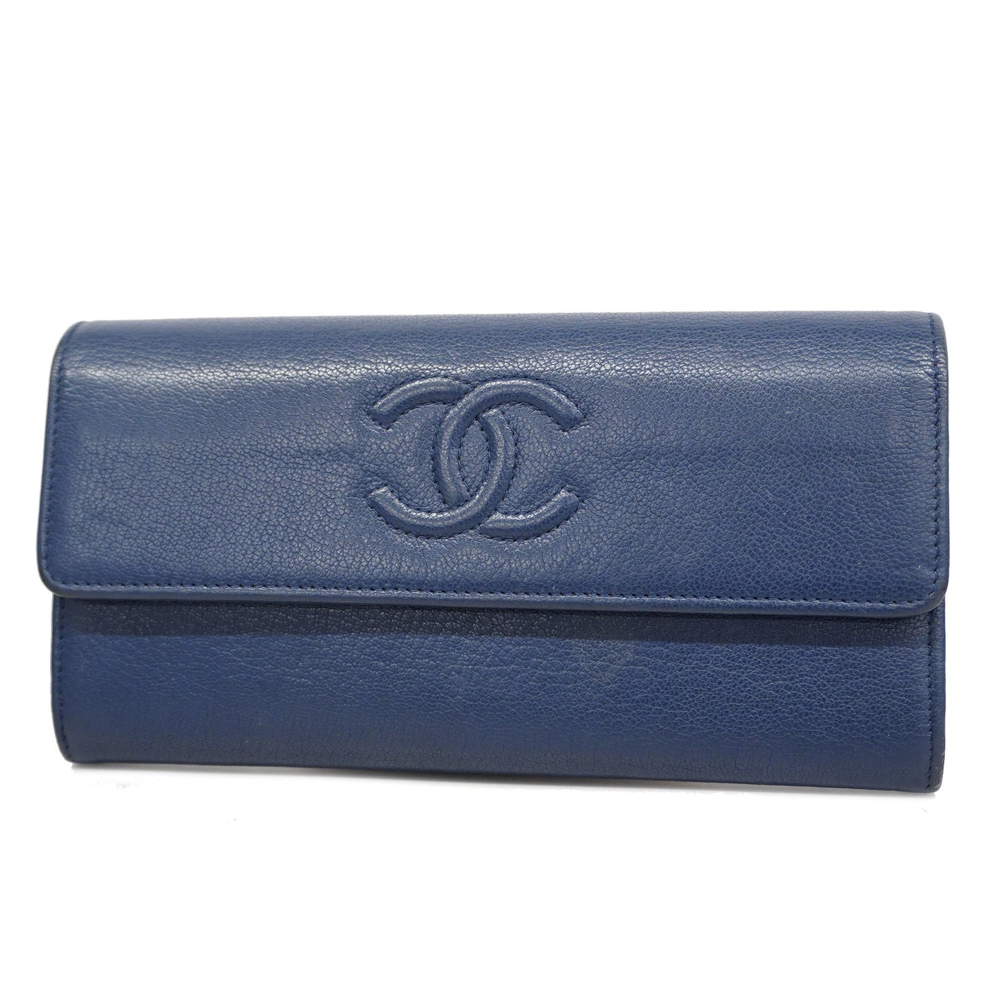 CHANEL Bi-fold Long Wallet Gold Hardware Navy