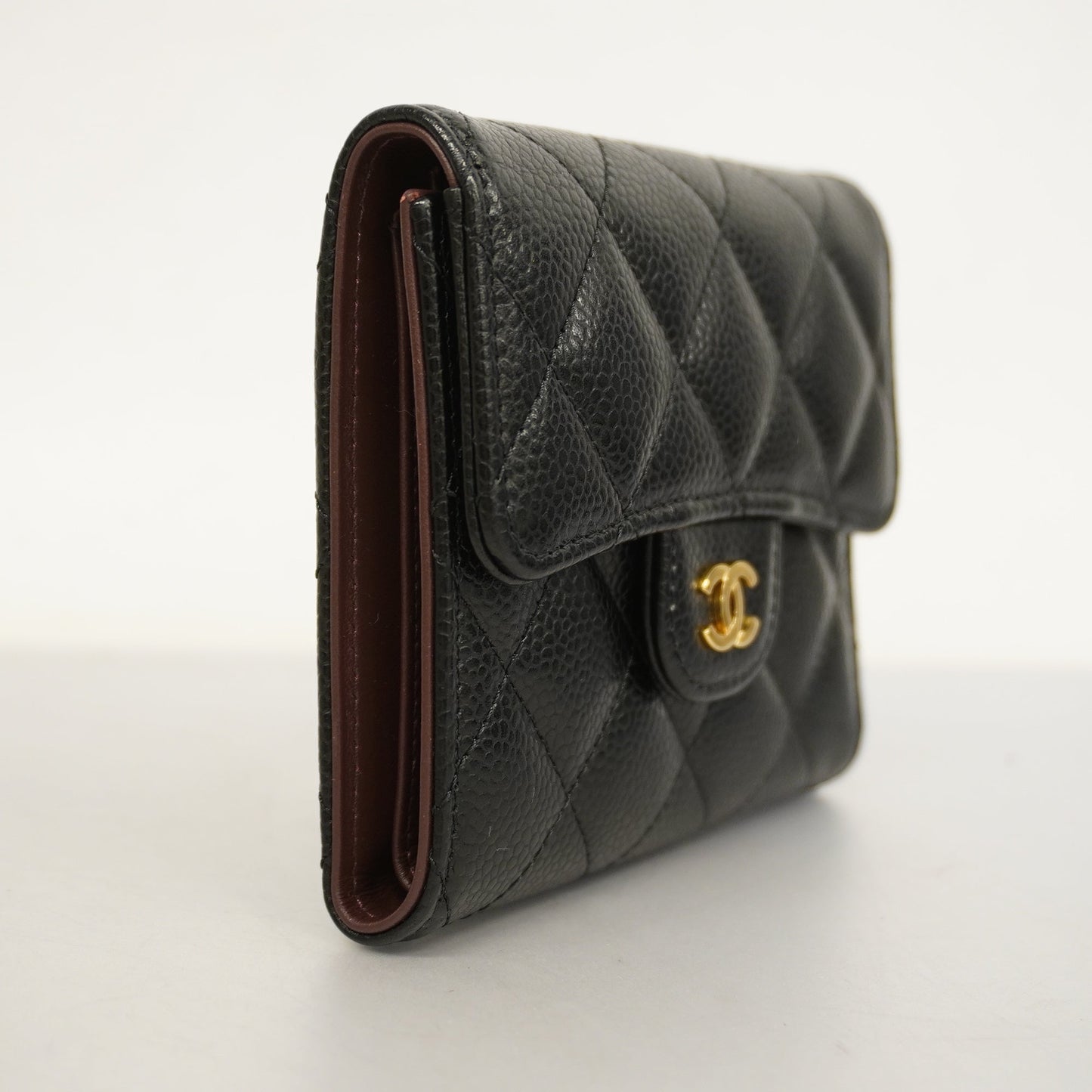CHANEL Matelasse Tri-fold Wallet Gold Metal Fittings Women's Caviar Leather