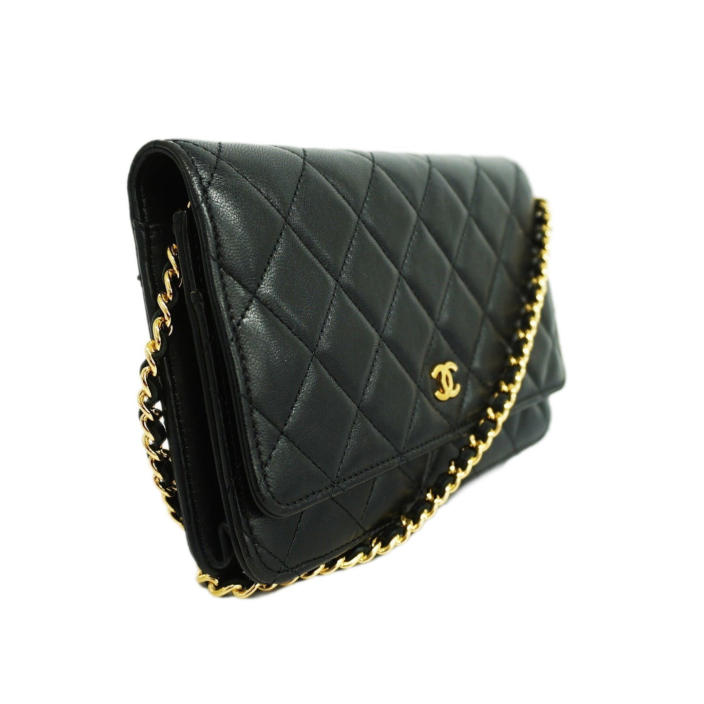 CHANEL Matelasse Chain Shoulder Gold Hardware Lambskin Wallet Black