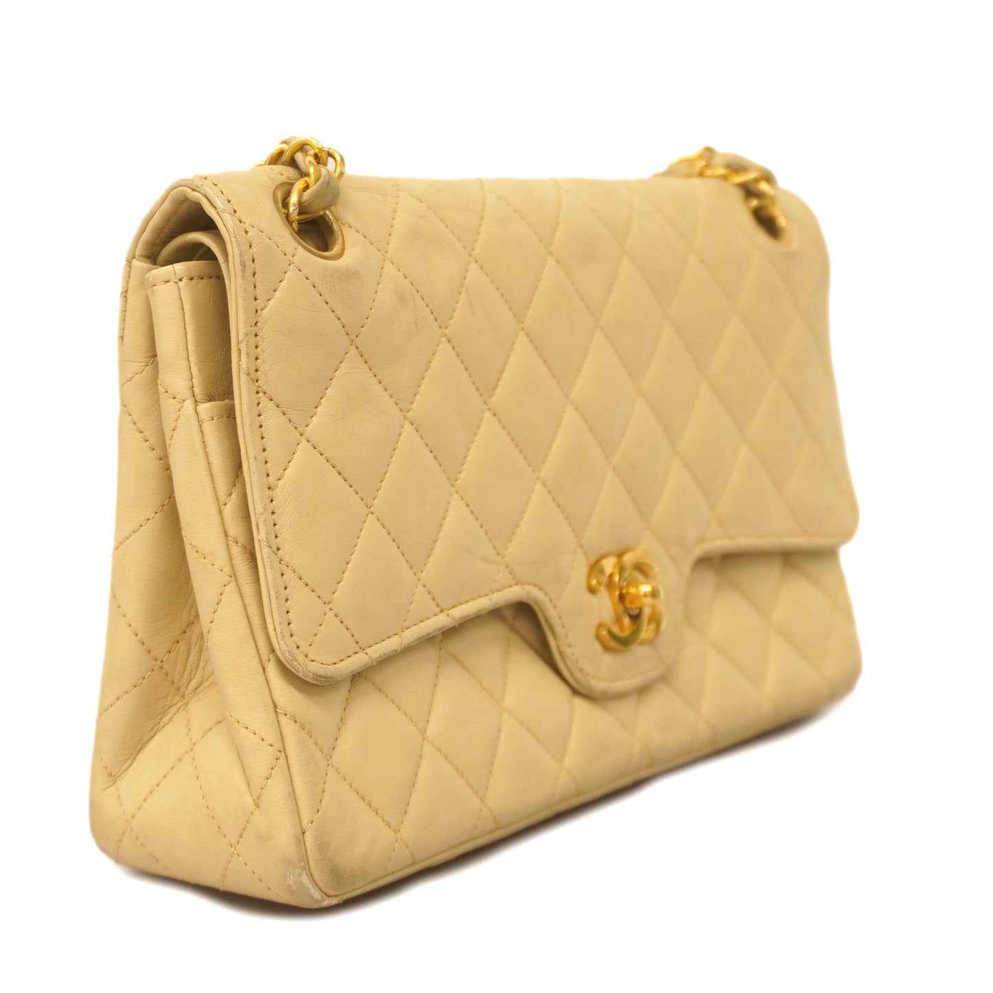 CHANEL Matelasse W Flap W Chain Women's Leather Shoulder Bag Beige