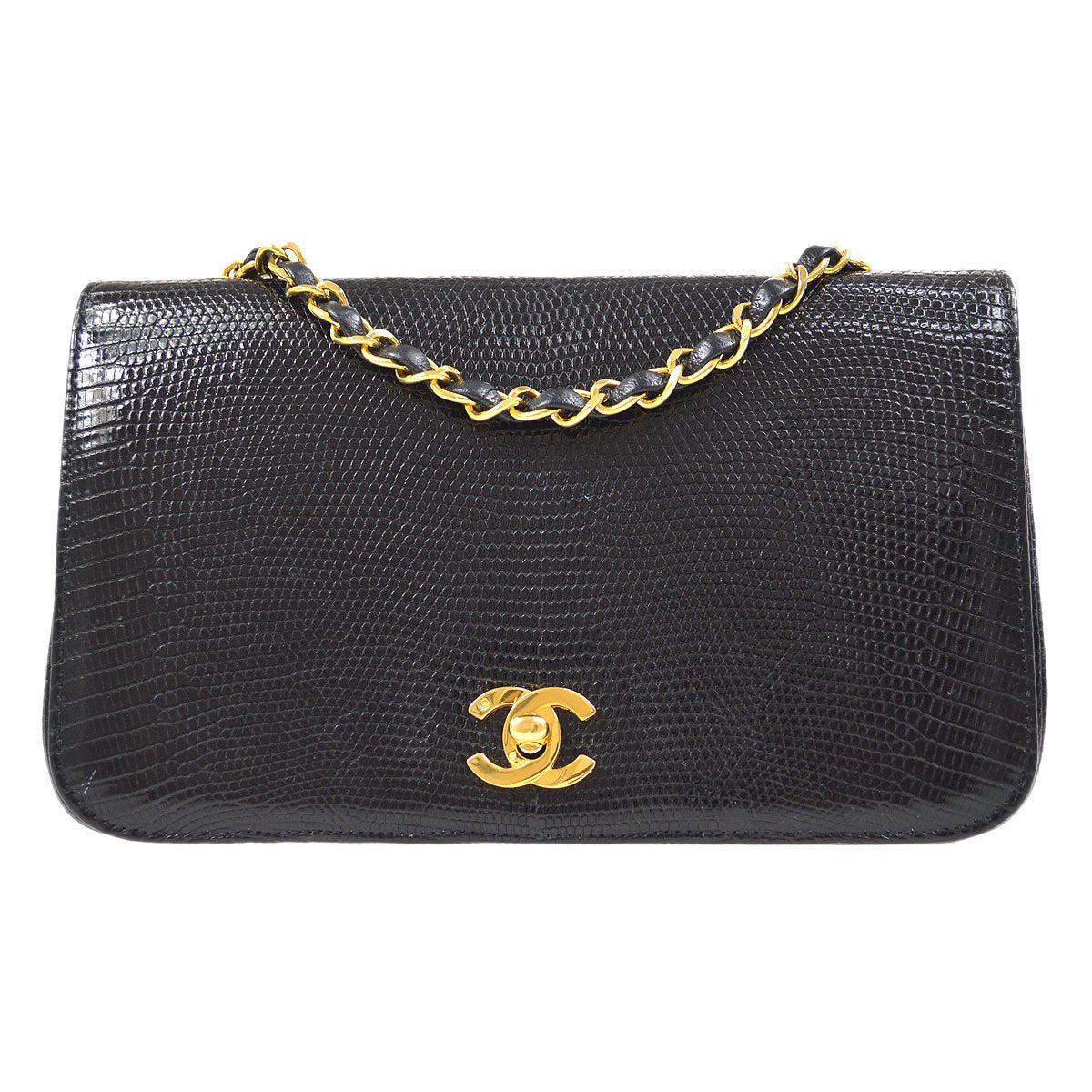 CHANEL Turnlock Full Flap Small Black Lizard