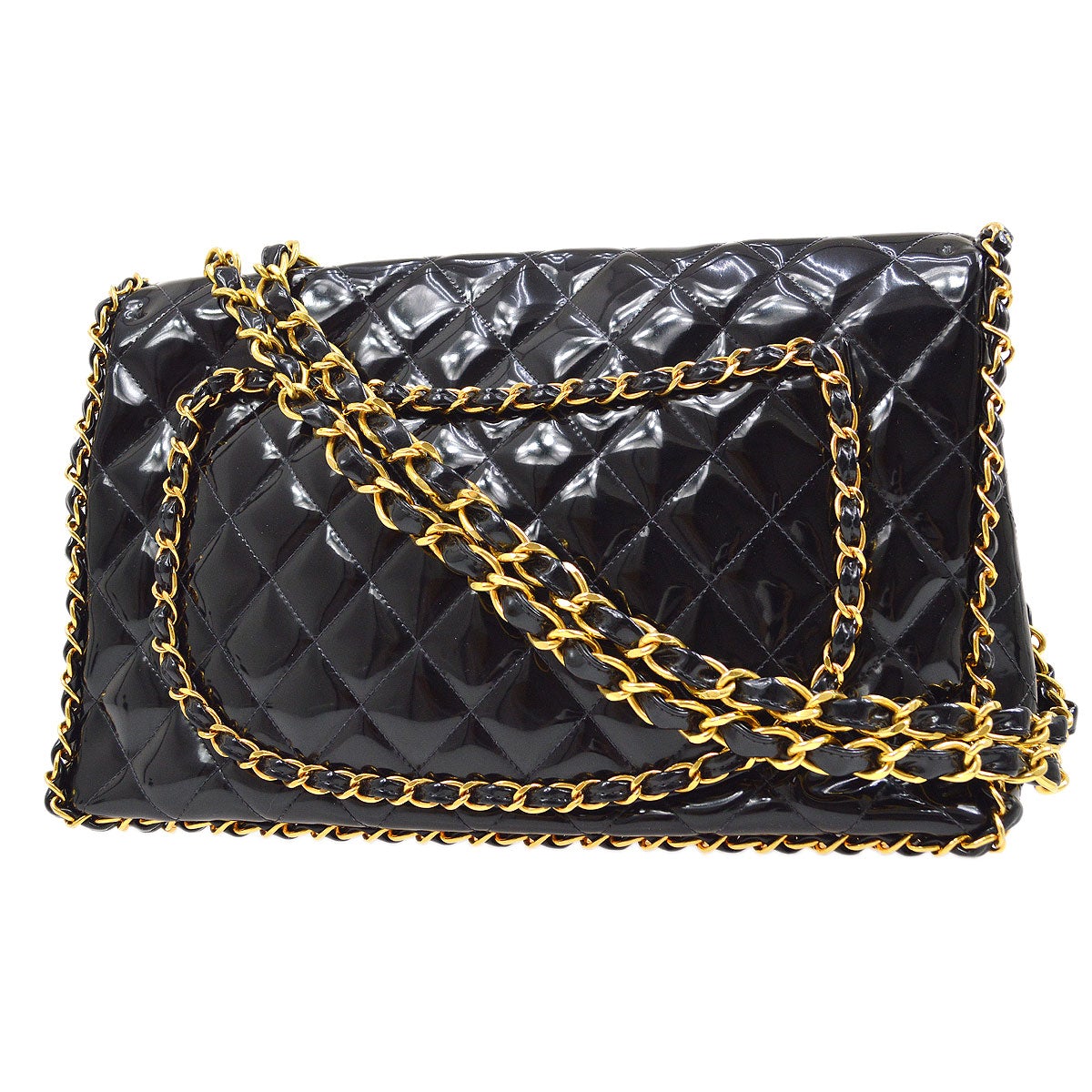 CHANEL * 1994 Black Patent Leather Chain Around Classic Flap Maxi