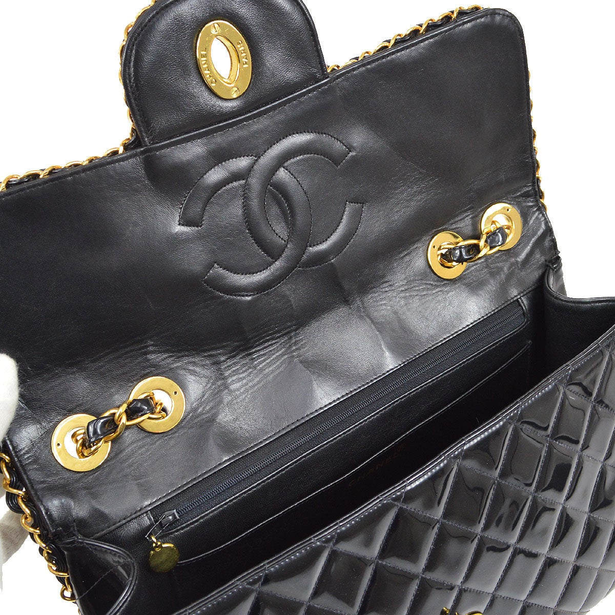CHANEL * 1994 Black Patent Leather Chain Around Classic Flap Maxi