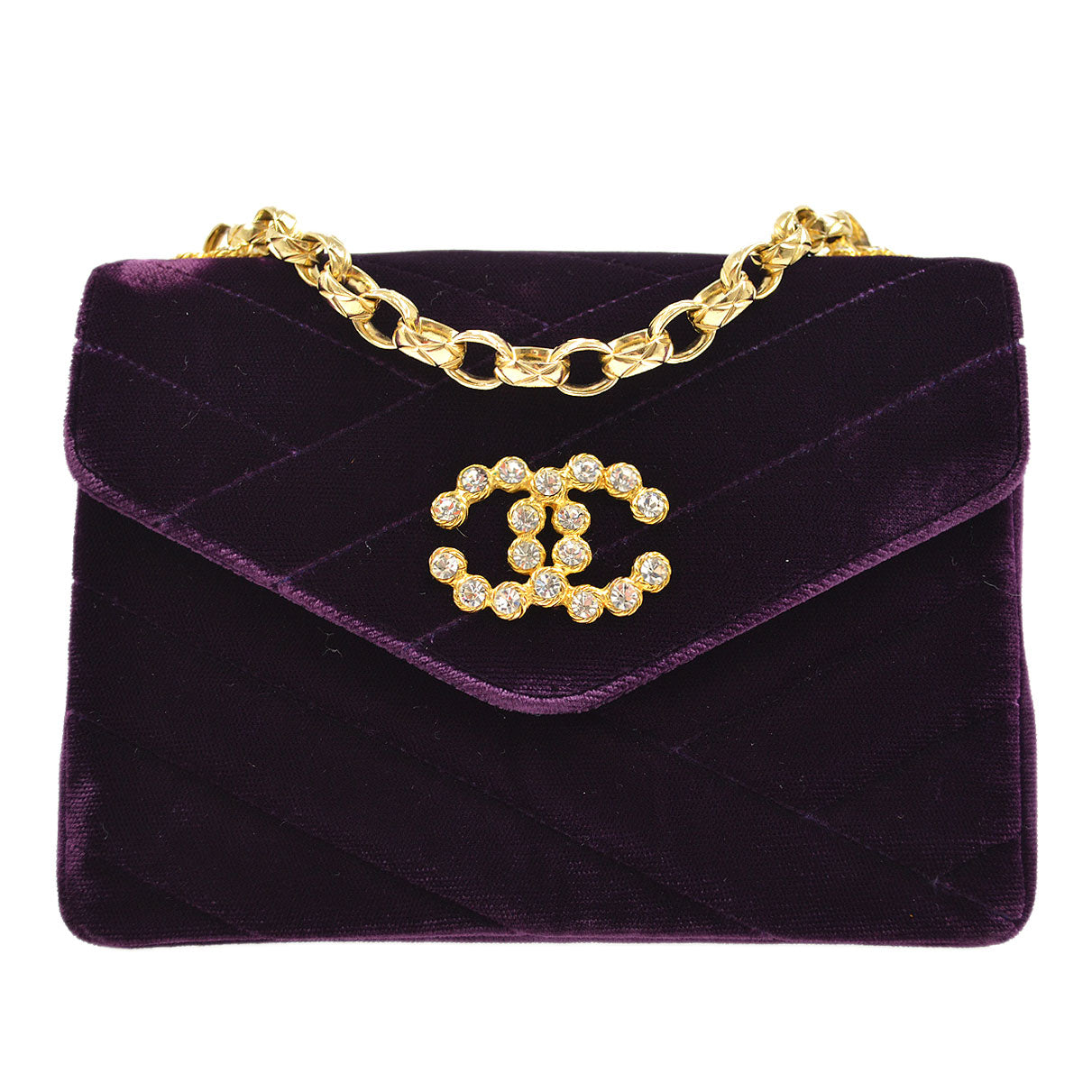 CHANEL Purple Velvet Rhinestone CC Diagonal Letter Flap Bag