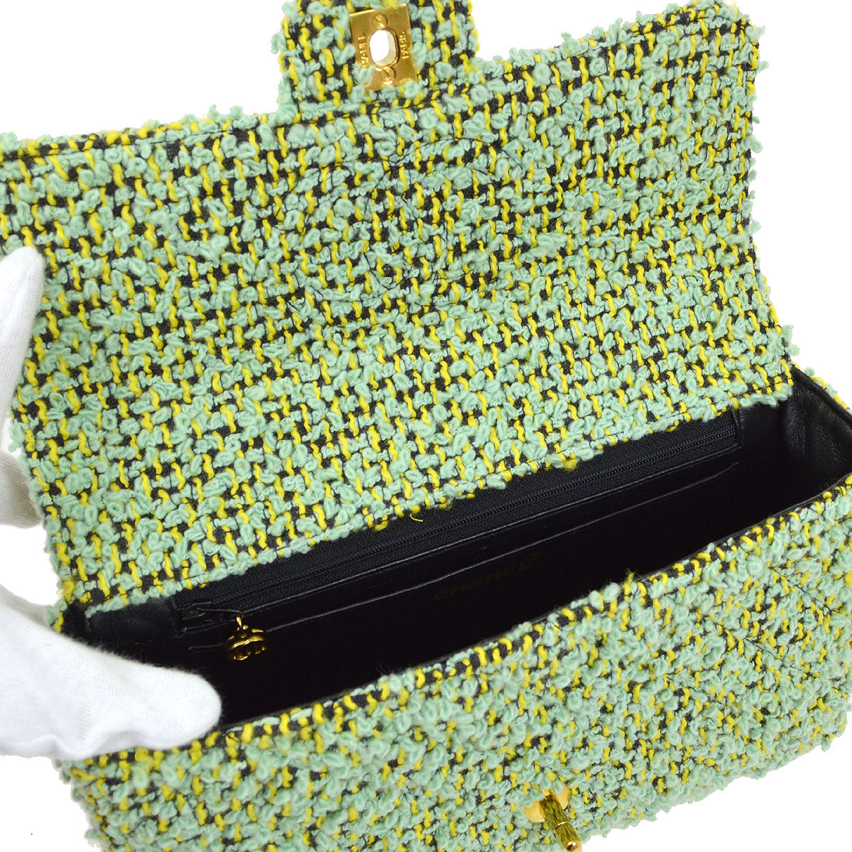 CHANEL * 1994 Classic Flap Handbag Medium Green Tweed