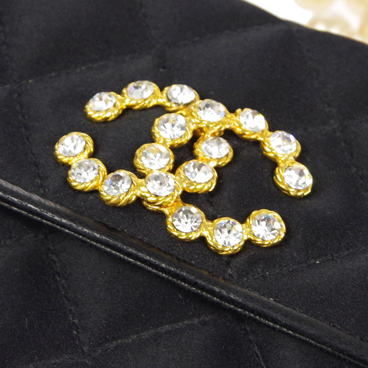 CHANEL * Jumbo Rhinestone Pearl Mini Shoulder Bag Black Satin