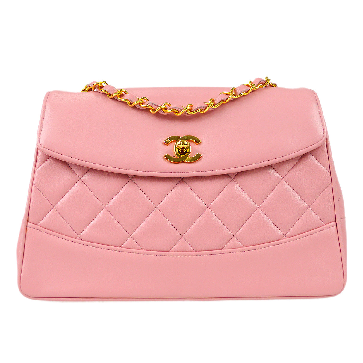 CHANEL * 1989-1991 Round Flap Shoulder Bag Medium Pink Lambskin 67904