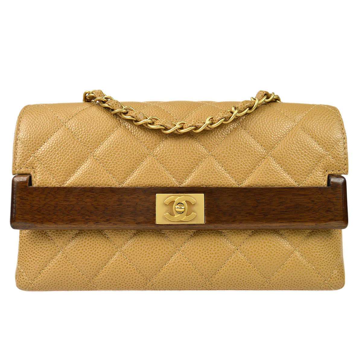 CHANEL * 2003-2004 Wood Detailed Strait Flap Small Beige Caviar 97686