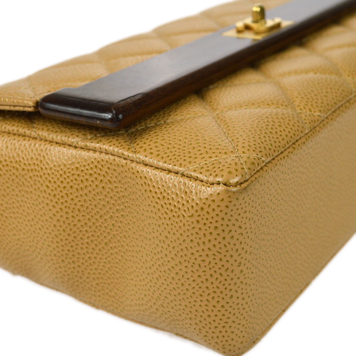 CHANEL * 2003-2004 Wood Detailed Strait Flap Small Beige Caviar 97686