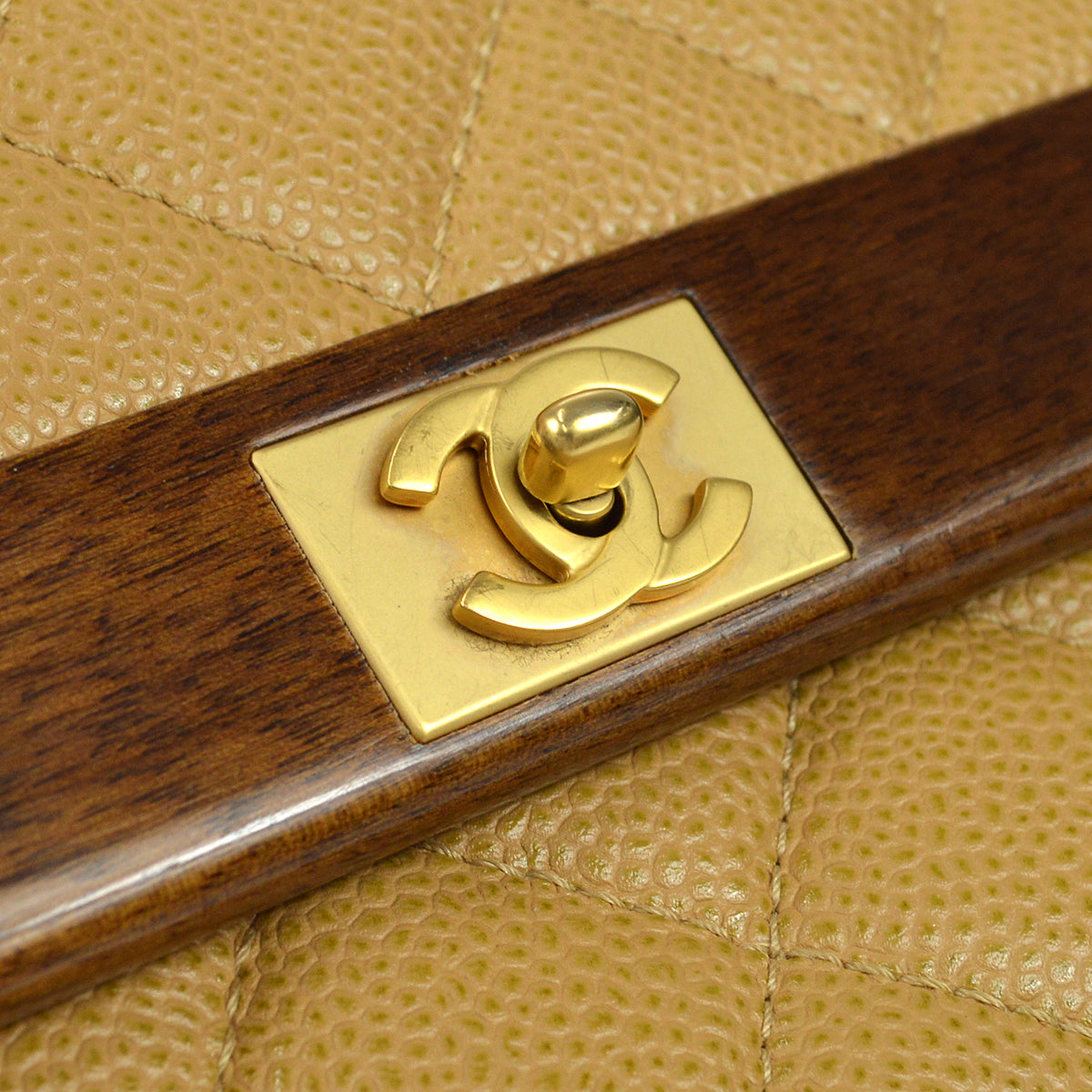 CHANEL * 2003-2004 Wood Detailed Strait Flap Small Beige Caviar 97686