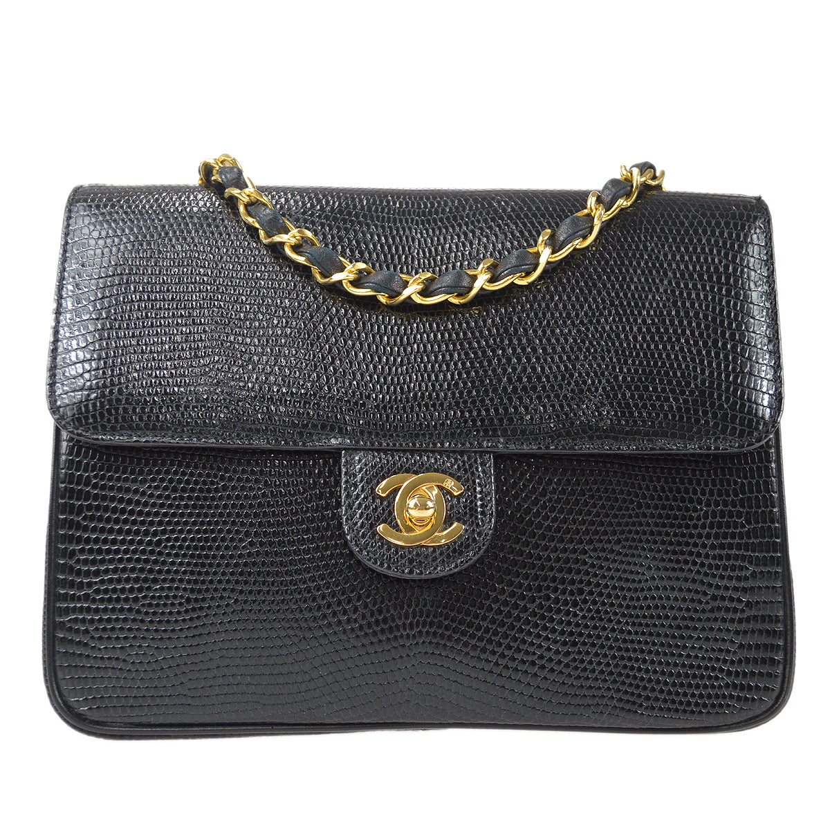 CHANEL * 1989-1991 Classic Square Flap 20 Black Lizard 87982