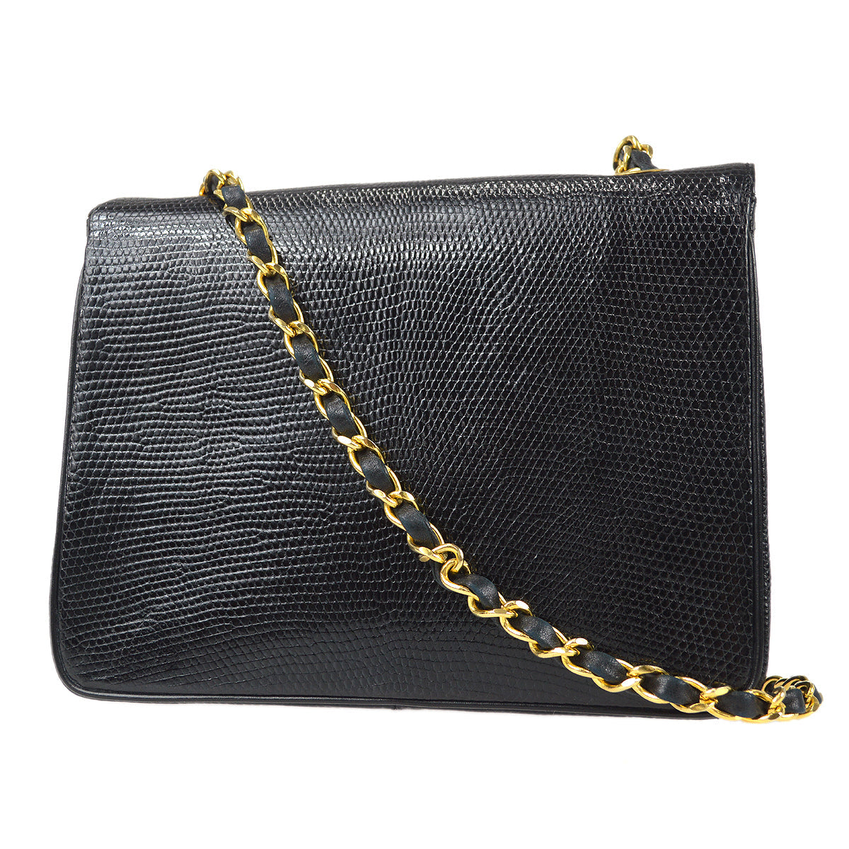 CHANEL * 1989-1991 Classic Square Flap 20 Black Lizard 87982