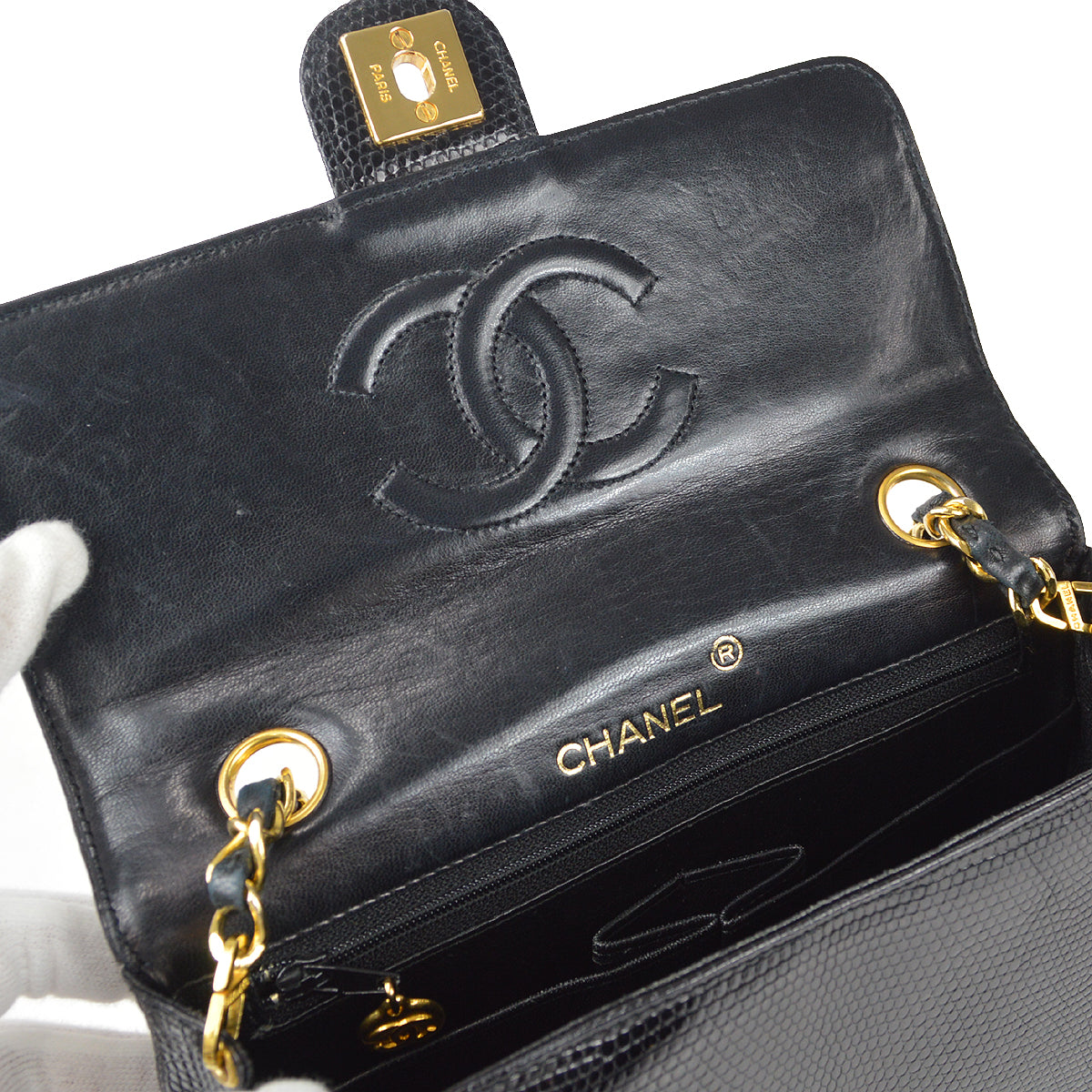 CHANEL * 1989-1991 Classic Square Flap 20 Black Lizard 87982