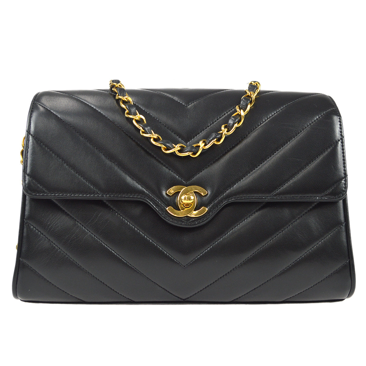 CHANEL * 1991-1994 Chevron Flap Medium Lambskin Black 97435
