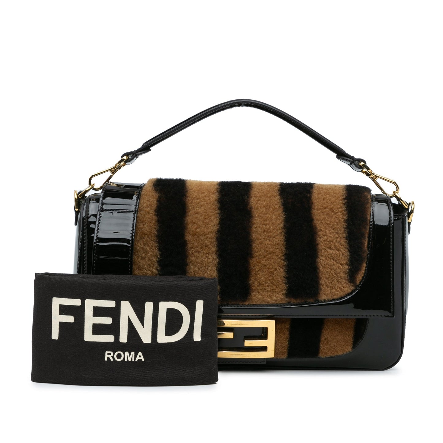 Black Fendi Shearling Pequin Baguette Satchel