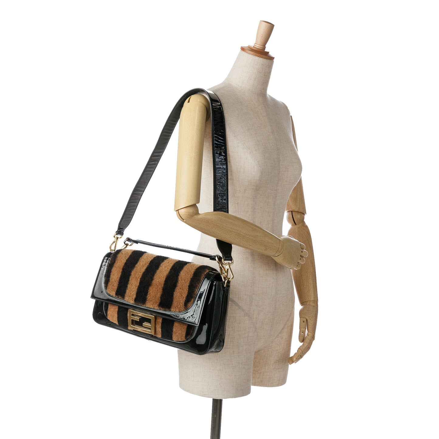 Black Fendi Shearling Pequin Baguette Satchel