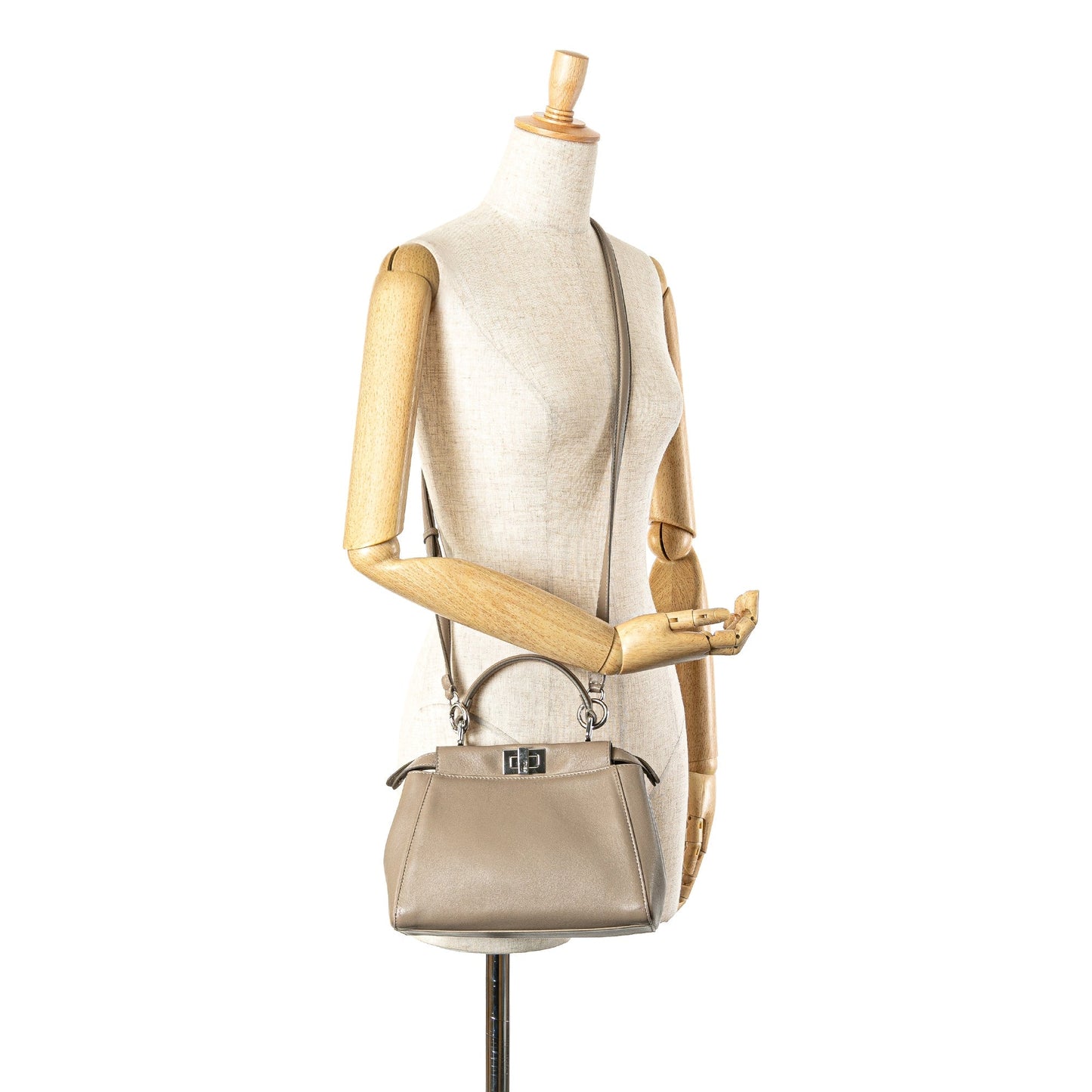 Beige Fendi Mini Leather Iconic Peekaboo Satchel