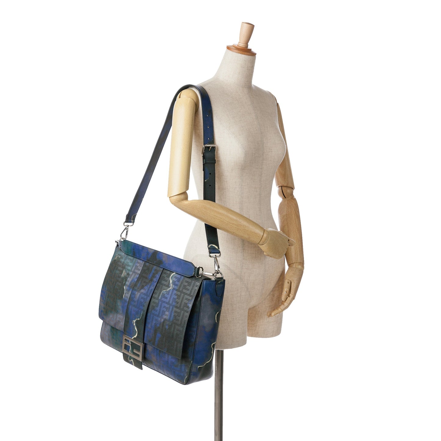 Blue Fendi Large Zucca Perforated Leather Baguette Satchel