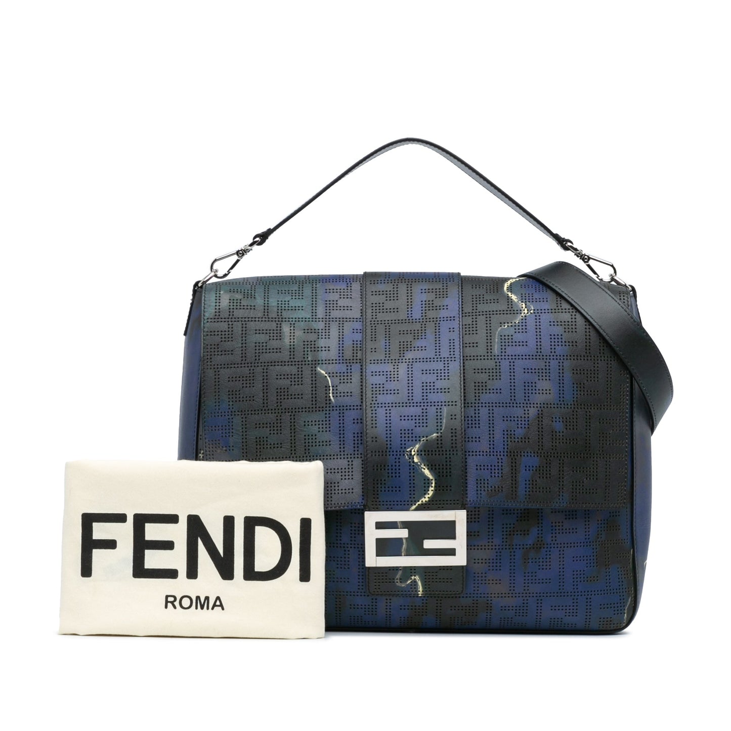 Blue Fendi Large Zucca Perforated Leather Baguette Satchel