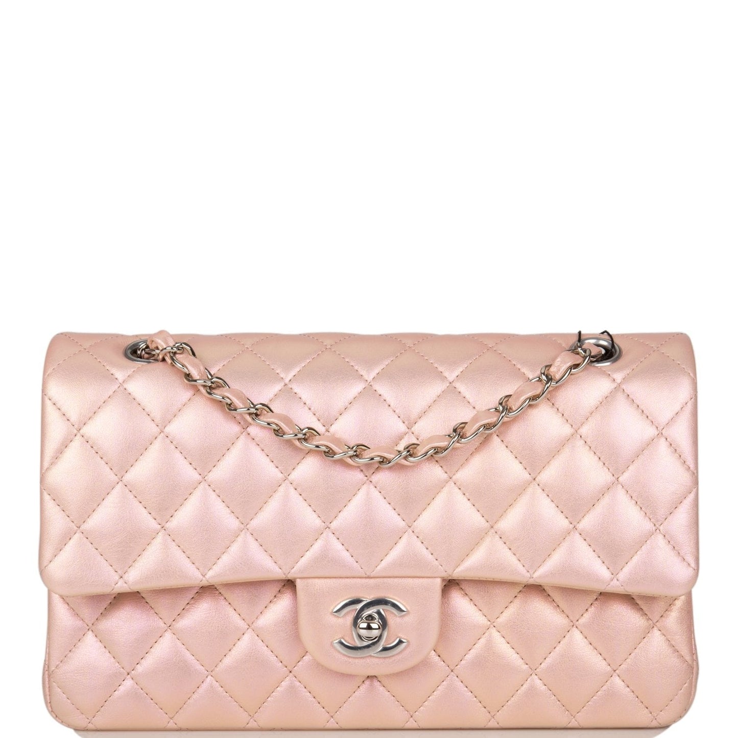 Chanel Medium Classic Double Flap Bag Pink Iridescent Lambskin Silver Hardware